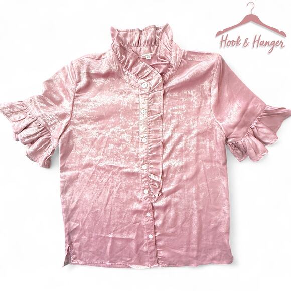 ivy jane Tops - Boutique Ivy Jane Rose Pink Metallic Ruffled Edge Button Blouse XS Cottagecore
